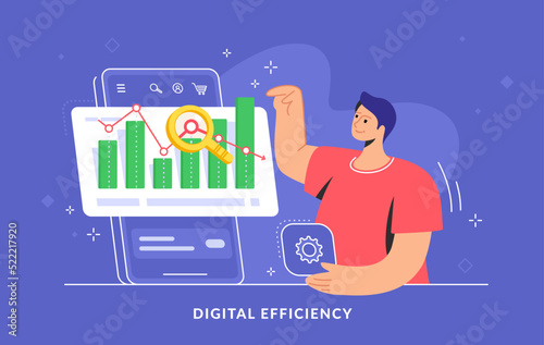 Data and graph analysis to increase sales and revenue. Flat vector illustration of cute man standing near a big smartphone and pointing to a graph. Business analytics mobile app on purple background