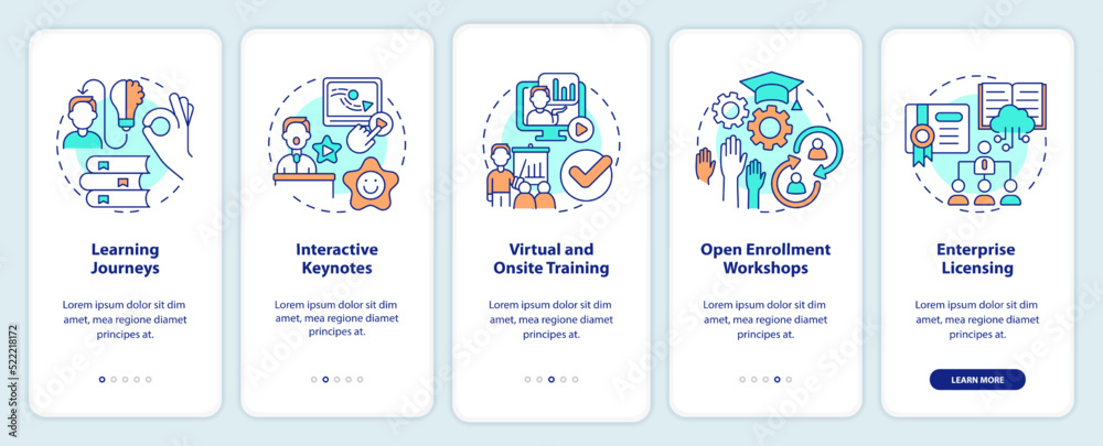 Methods for learning experience onboarding mobile app screen. Walkthrough 5 steps editable graphic instructions with linear concepts. UI, UX, GUI template. Myriad Pro-Bold, Regular fonts used