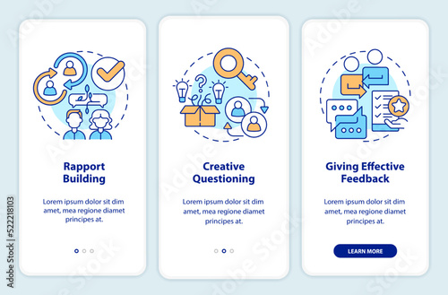 Steps of coaching onboarding mobile app screen. Creative questioning walkthrough 3 steps editable graphic instructions with linear concepts. UI, UX, GUI template. Myriad Pro-Bold, Regular fonts used