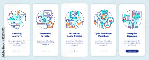 Methods for learning experience onboarding mobile app screen. Walkthrough 5 steps editable graphic instructions with linear concepts. UI, UX, GUI template. Myriad Pro-Bold, Regular fonts used