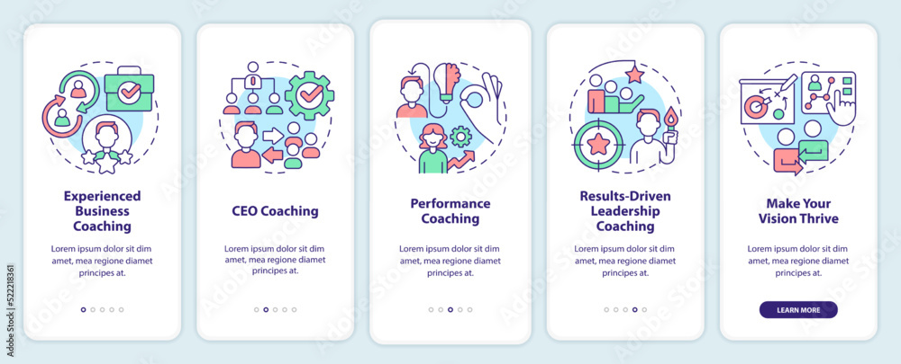 Business coaching services onboarding mobile app screen. Performance walkthrough 5 steps editable graphic instructions with linear concepts. UI, UX, GUI template. Myriad Pro-Bold, Regular fonts used