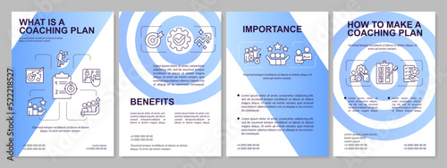 Workplace training plan blue gradient brochure template. Coaching employees. Leaflet design with linear icons. 4 vector layouts for presentation, annual reports. Arial, Myriad Pro-Regular fonts used