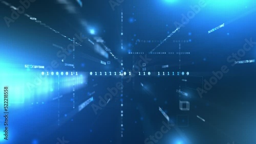 Blue digital tunnel with glowing particles and binary code figures. Data connection network abstract background. 4K motion graphic animation, zooming in.