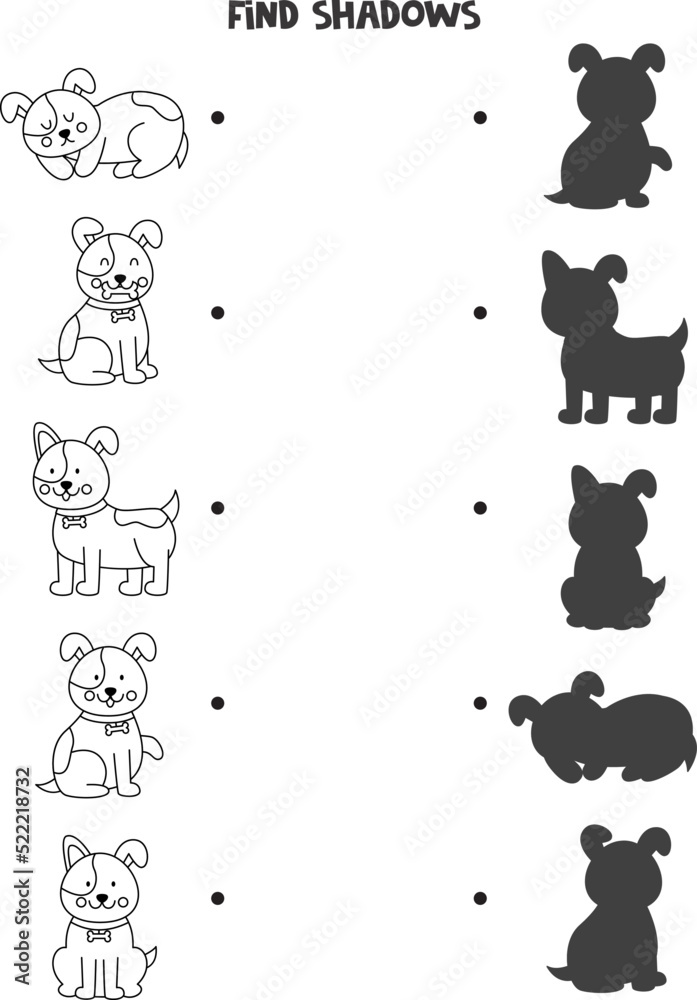 Find the correct shadows of black and white dogs. Logical puzzle for kids.