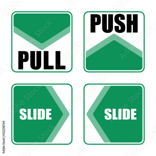 Push, pull, and Slide to open door signs. Vector illustration template.