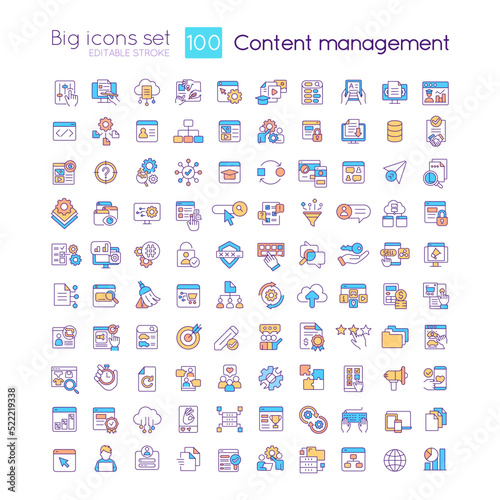Content management RGB color icons set. Digital experience. Social media. Isolated vector illustrations. Simple filled line drawings collection. Editable stroke. Quicksand-Light font used