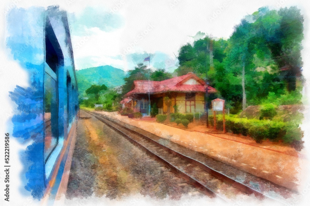 Obraz premium The landscape of the Thai train station in the provinces of Thailand watercolor style illustration impressionist painting.