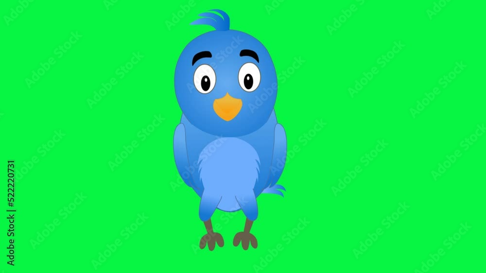 Blue Bird sitting on green screen. Cute Blue Bird cartoon animation with alpha channel. Key color, alpha channel. 4K video