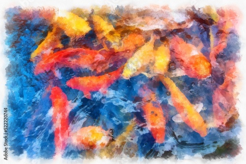 A group of koi fish in the pond watercolor style illustration impressionist painting.