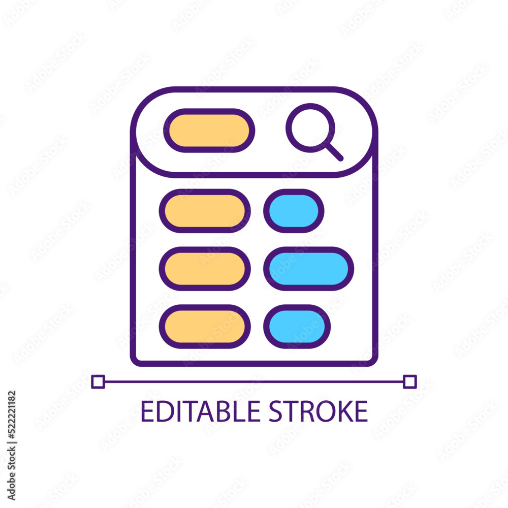 Searching for variants RGB color icon. Kind of website. Database with information. Search strategy. Isolated vector illustration. Simple filled line drawing. Editable stroke. Arial font used