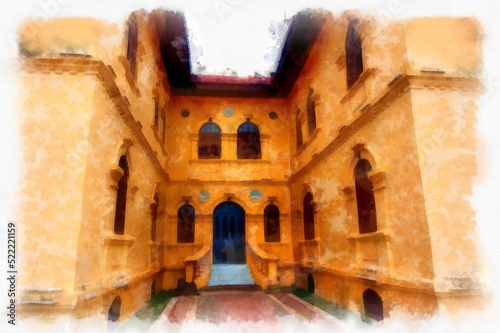 The ancient yellow building colonial architecture There are beautiful decorative stucco components, doors and windows watercolor style illustration impressionist painting. © Kittipong