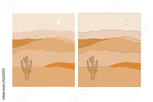 Desert landscape in flat design and line colored design. Desert dunes, Sahara. Hand-drawn dunes with the moon, saguaro cactus, and sand.