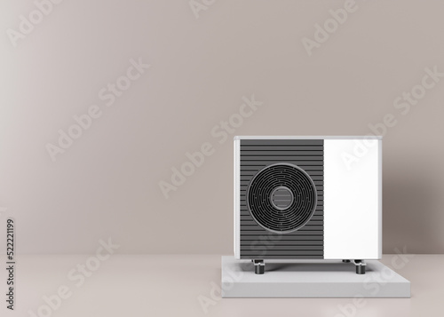 Air heat pump on beige background. Modern, environmentally friendly heating. Air source heat pumps are efficient and renewable source of energy. Free, copy space for your text, advertising. 3d render. photo