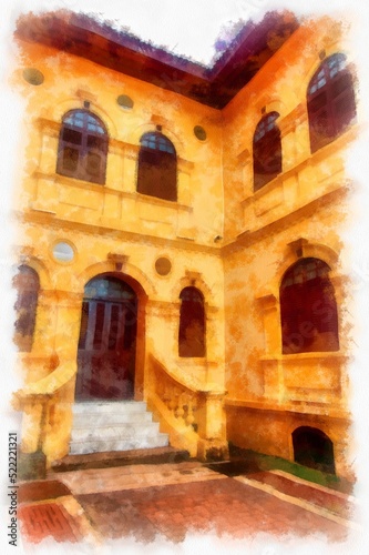 The ancient yellow building colonial architecture There are beautiful decorative stucco components, doors and windows watercolor style illustration impressionist painting. © Kittipong