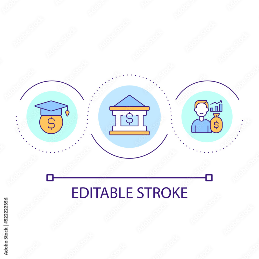 Fototapeta premium Government loans for students loop concept icon. Federal financial funds. Payment for education abstract idea thin line illustration. Isolated outline drawing. Editable stroke. Arial font used