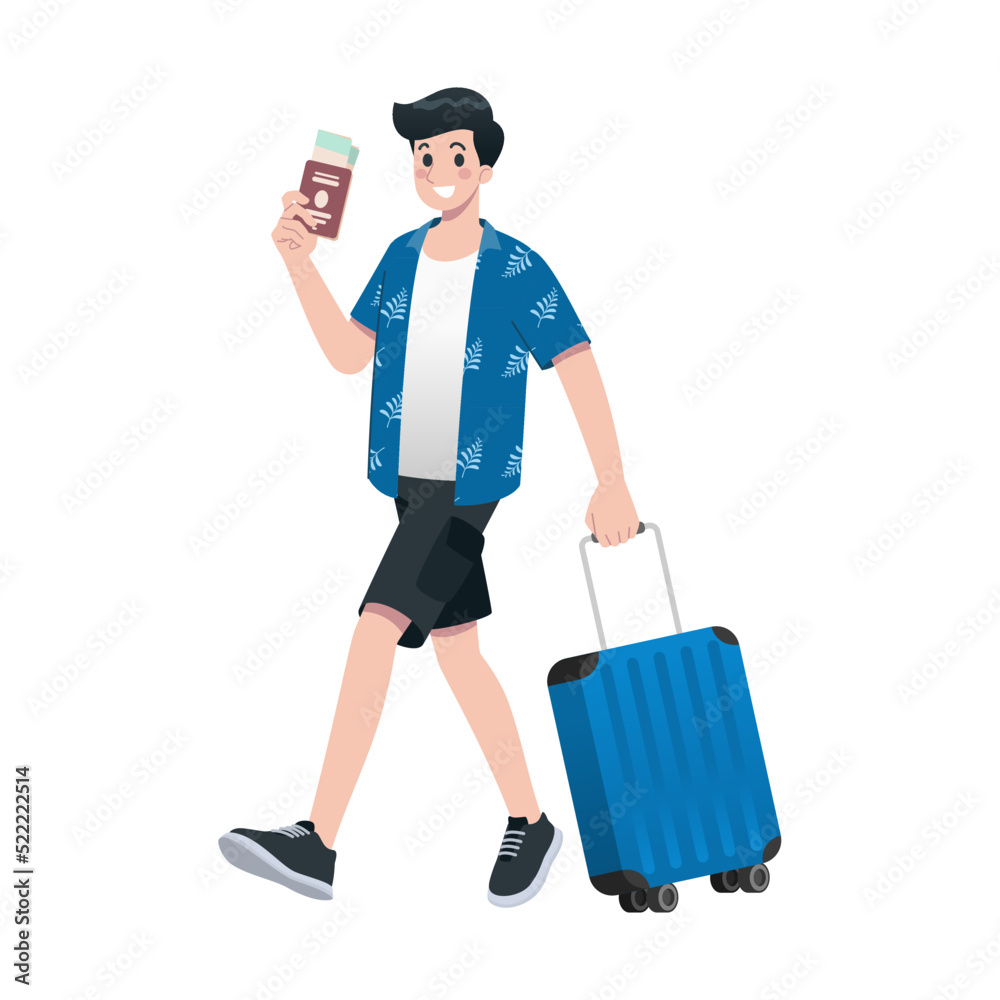 Young happy man tourist flat cartoon character. Traveling male people on summer vacation trip, Isolated on white background. Young happy man tourist flat cartoon character. Traveling male people on summer vacation trip, Isolated on white background.