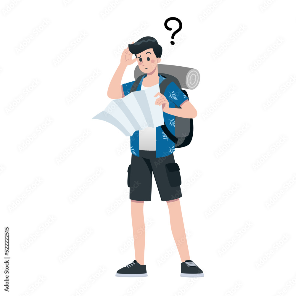 Young happy man tourist flat cartoon character. Traveling male people on summer vacation trip, Isolated on white background.