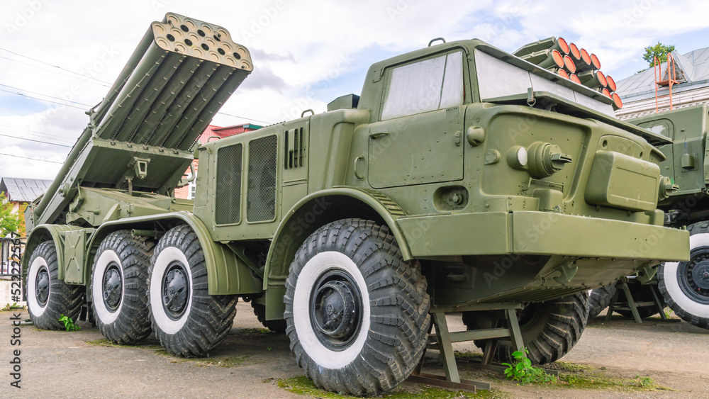 Soviet and Russian multiple rocket launchers. Field jet system. A combat vehicle on the chassis of a truck. Weapons with increased firepower. Museum of artillery in the city of Perm. Soviet and Russian multiple rocket launchers. Field jet system. A combat vehicle on the chassis of a truck. Weapons with increased firepower. Museum of artillery in the city of Perm.
