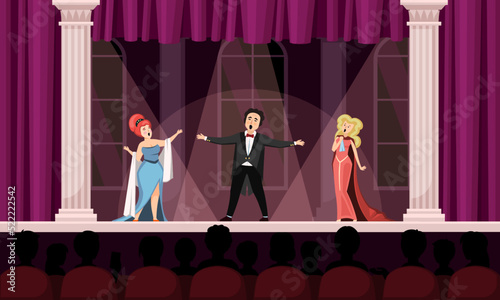 opera artists. opera male singer on scene singing. Vector cartoon performing persons background