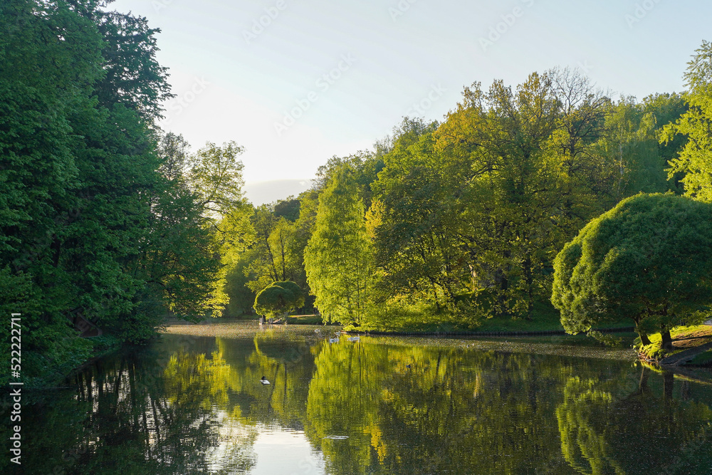 Lake in the city park in sunset, nature landscape with sunlight Lake in the city park in sunset, nature landscape with sunlight