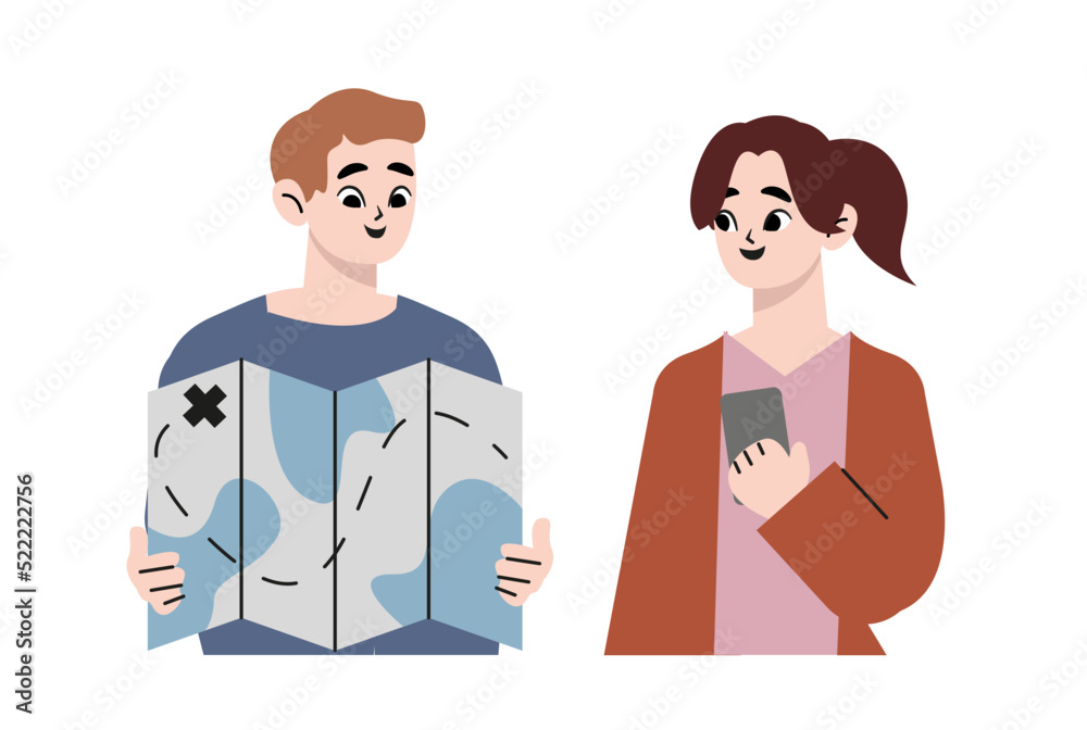 Traveler couple find way. Male show tourist right way or direction. Journey and adventure problem. Travel and tourism. Flat drawn style vector design illustration Traveler couple find way. Male show tourist right way or direction. Journey and adventure problem. Travel and tourism. Flat drawn style vector design illustration