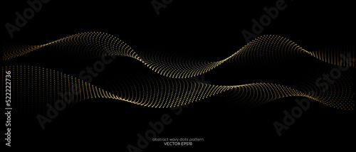 Flowing dots particles wave pattern gold light isolated on black background. Vector in concept of technology, science, music, modern.