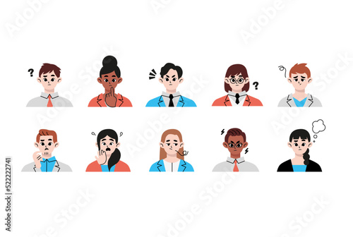 Upper body set of troubled business person. Flat drawn style vector design illustration