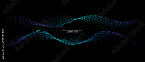 Flowing particles wave pattern, blue and green color isolated on black background with space for text banner. Vector in concept of AI technology, science, music.