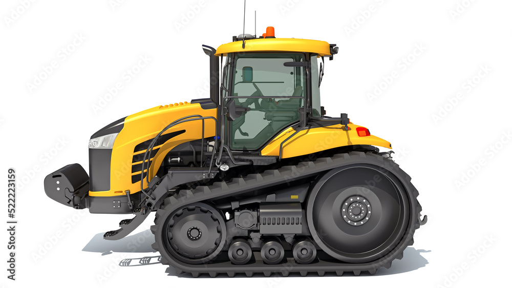 Farm Track Tractor 3D rendering on white background Farm Track Tractor 3D rendering on white background