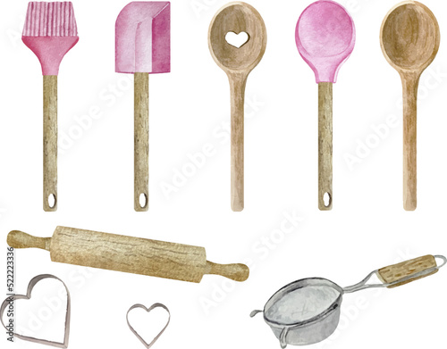 Watercolor logo of pastry shop with culinary spatula, whisk and pink pastry bag on white background.