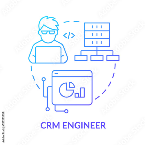 CRM engineer blue gradient concept icon. Customer relationship management. Software engineer path abstract idea thin line illustration. Isolated outline drawing. Myriad Pro-Bold font used