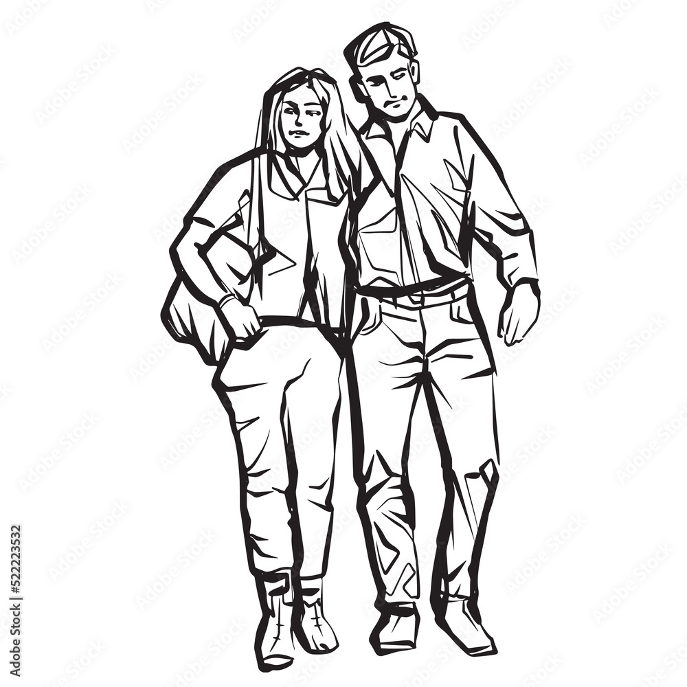Woman and man on a walk. Sketch of the romance couple. Ink drawing Woman and man on a walk. Sketch of the romance couple. Ink drawing