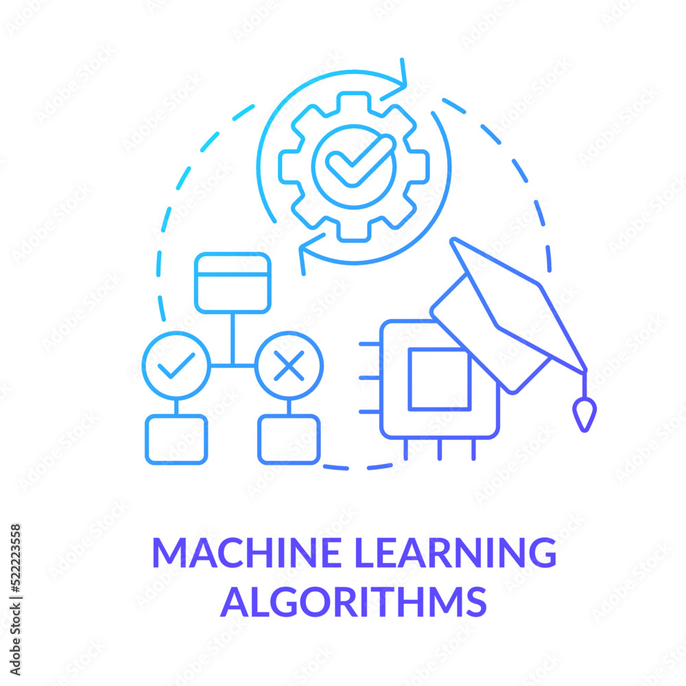 Machine learning algorithms blue gradient concept icon. Professional ability. Machine learning engineer skill abstract idea thin line illustration. Isolated outline drawing. Myriad Pro-Bold font used Machine learning algorithms blue gradient concept icon. Professional ability. Machine learning engineer skill abstract idea thin line illustration. Isolated outline drawing. Myriad Pro-Bold font used