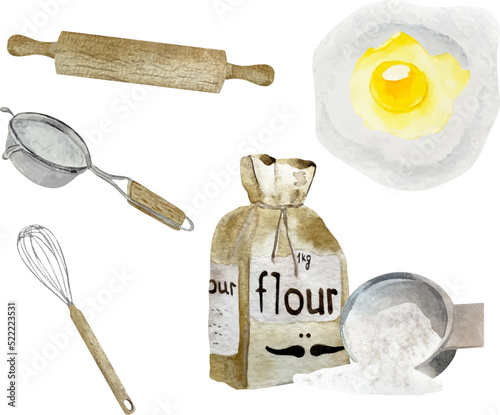 Watercolor wooden kitchen culinary utensils with flour and egg