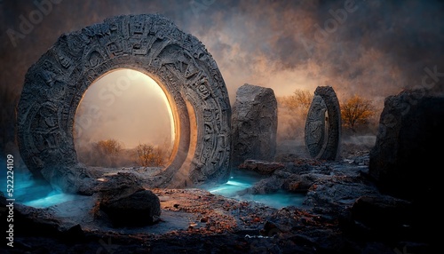 A magical portal on a mountain cliff, a fantastic landscape with a glowing bright yellow portal, the entrance to another world. Portal made of stone. 3d render photo