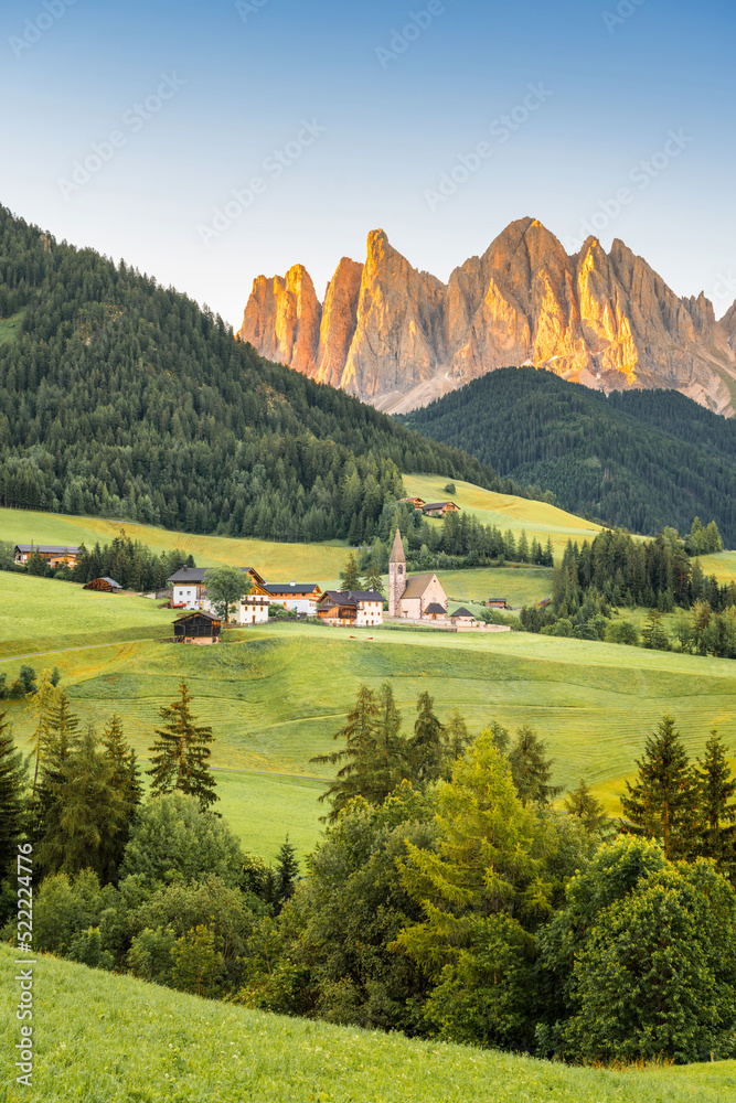 Sunrise Scene of Landscape with the Santa Maddalena church and the Dolomites in the Funes valley, South Tyrol, Italy