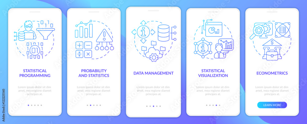Data analyst skills blue gradient onboarding mobile app screen. Profession walkthrough 5 steps graphic instructions with linear concepts. UI, UX, GUI template. Myriad Pro-Bold, Regular fonts used