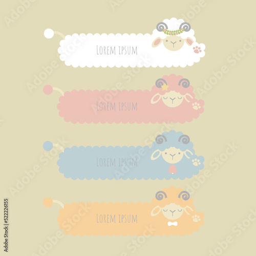 Set of cute animal pet farm sheep, pastel color text box, banner, speech bubble balloon, think,speak,talk,template,art,flat,design,vector,illustration text box banner frame