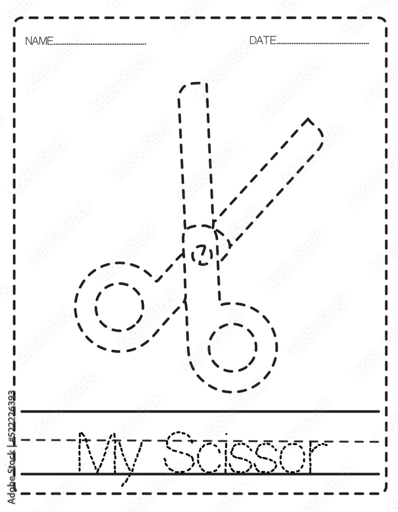 Handwriting practice with stationery. Back to school. Scissor, pencil