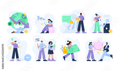 Financial trouble concepts. Modern characters with economic  and business problems. People with outstanding payments  bank problems  losing money  and jobs. Set of isolated vector illustrations.