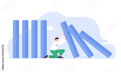Crisis concept. A businessman leader stops falling elements due to global crisis or economic collapse. Domino effect. Surviving business, company, or world concept. Vector flat illustration.