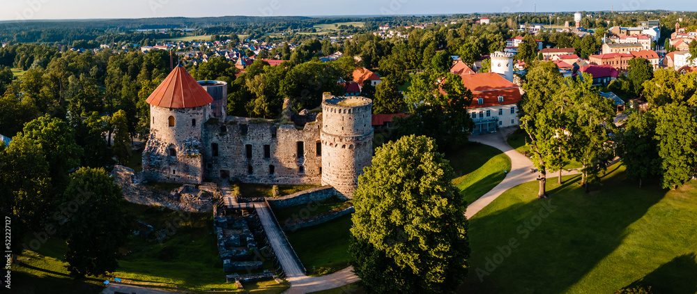 Fotografie Aerial view of beautiful ruins of ancient Livonian castle in old town of Cesis, Latvia
