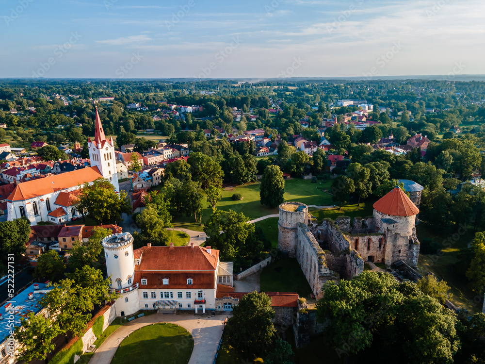 Aerial view of beautiful ruins of ancient Livonian castle in old town of Cesis, Latvia. Located within Gauja national park