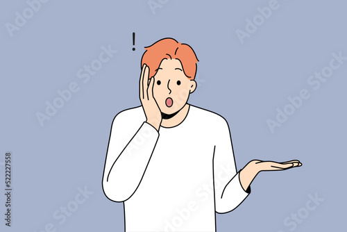 Stunned young man feel shocked by unbelievable news. Amazed male surprised by unexpected information or data. Vector illustration. 