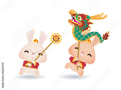 Happy Chinese new year 2023 year of the rabbit, cute Little bunny performs dragon Dance, gong xi fa cai, greeting card  Cartoon vector illustration isolated on white background