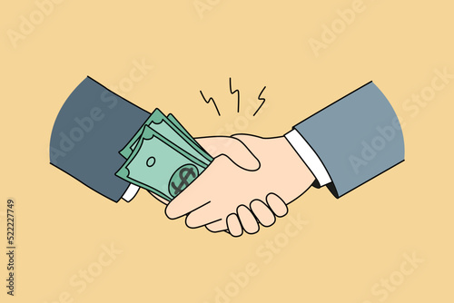 Businessmen shaking hands giving money bribe. Close-up of male business partners handshake closing deal. Financial bribery concept. Vector illustration. 