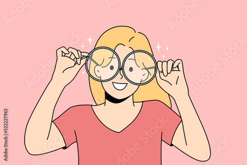 Smiling girl in big glasses for sight correction. Happy child wear spectacles for better eyesight. Optics concept. Vector illustration. 