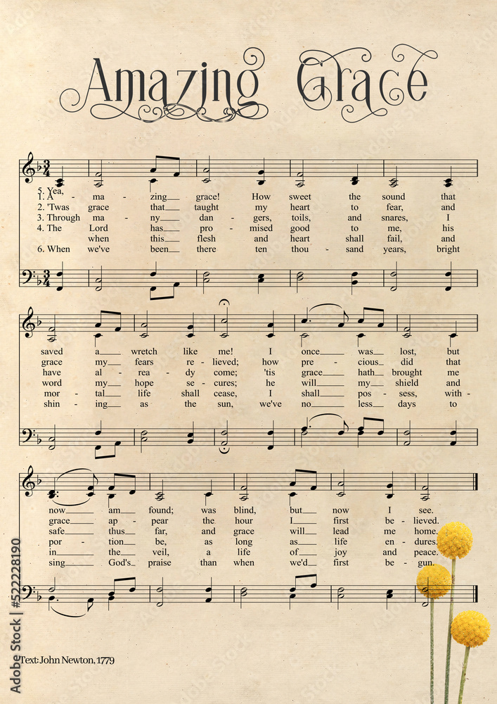 Hymnal Amazing Grace from John Newton with yellow crapsedia flower - obrazy, fototapety, plakaty 