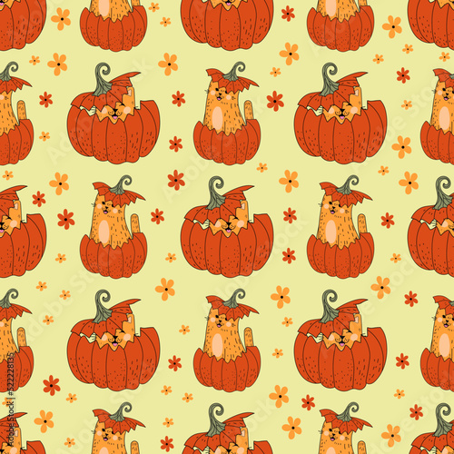 Seamless pattern with cats. Pattern with pumpkins. Halloween, flowers, cat, autumn, leaves.