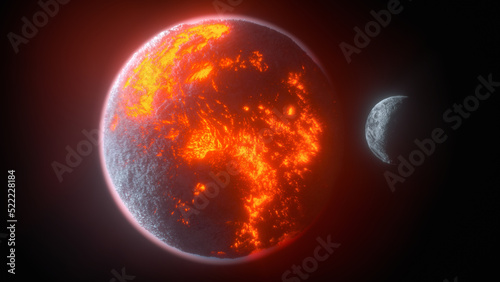a lava planet is orbited by its moon (3d rendering)